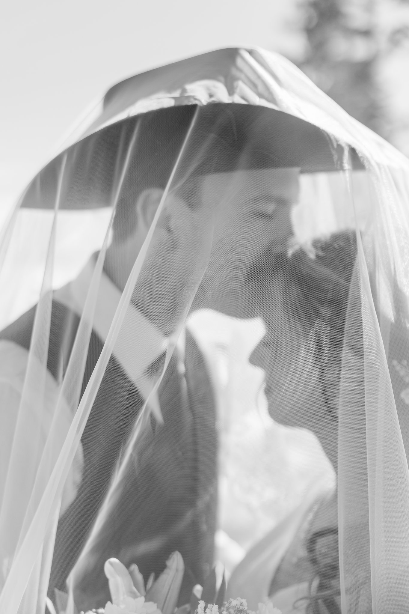 Bride and groom portrait, groom kissing bride cheek in the snow