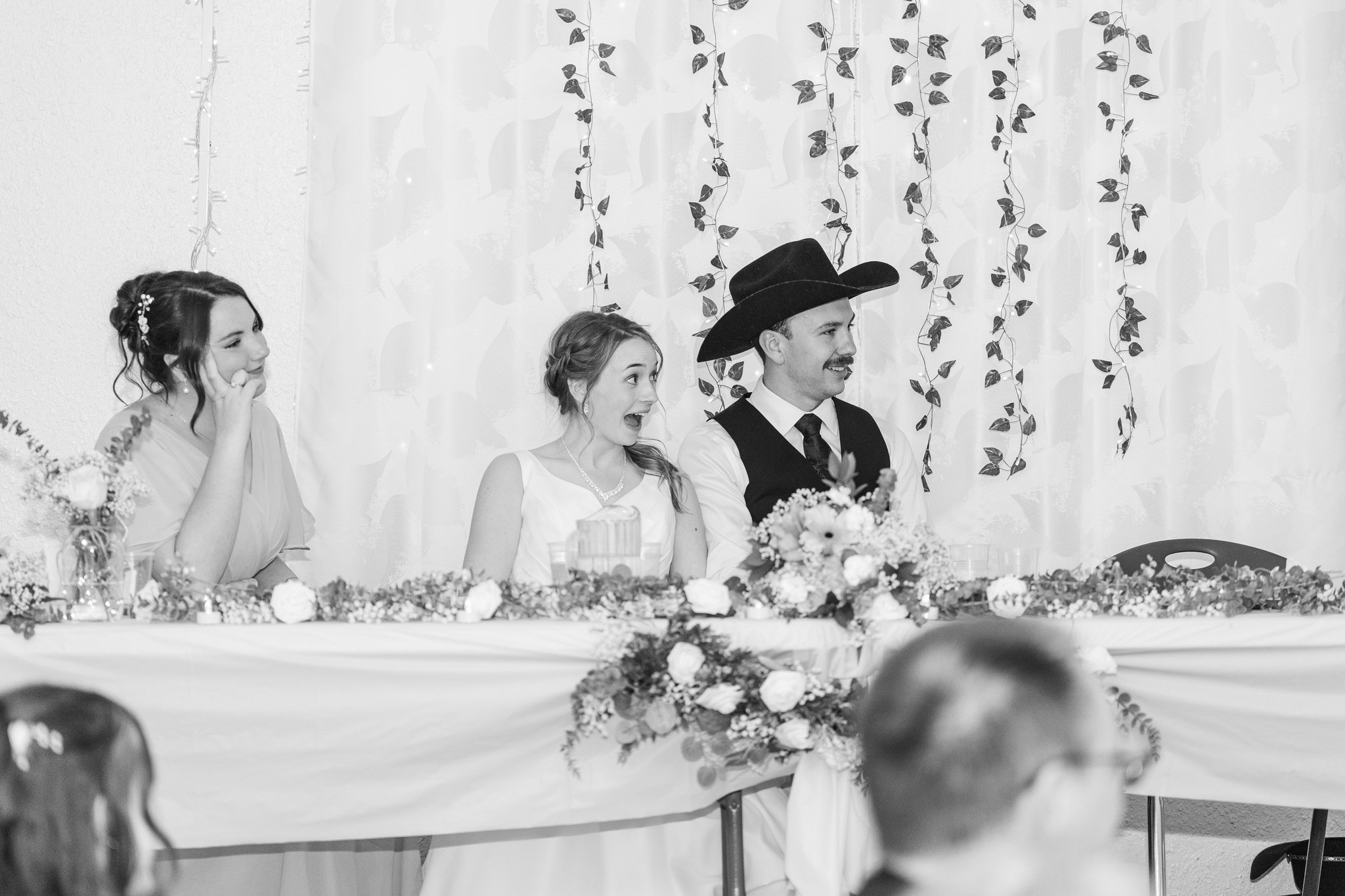 Wedding guests listening to speeches at the reception